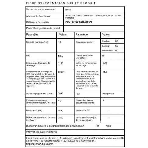 Lave-Vaisselle 60 Cm Beko – Dfn 15420 X- Classe Énergétique E – vue 2
