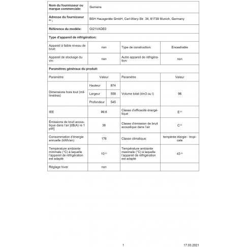 Congélateur intégrable SIEMENS GI21VADE0 – vue 2
