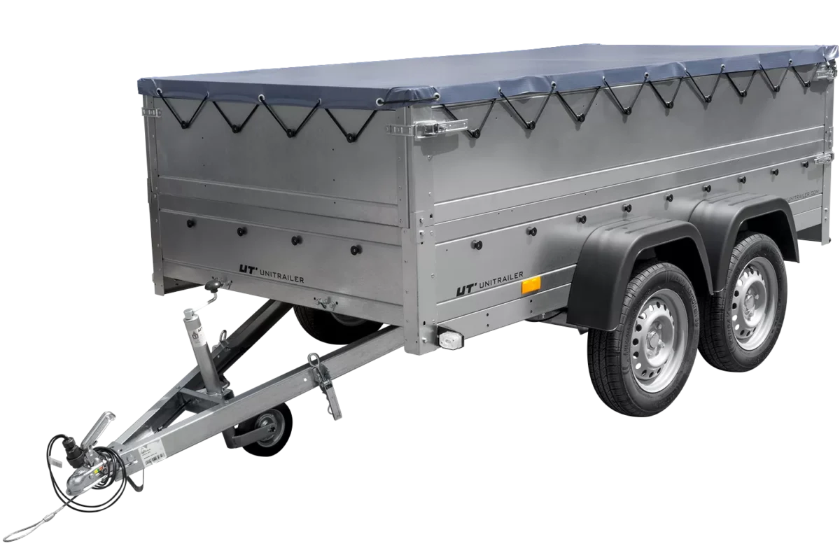 GARDEN TRAILER 264/2 KIPP remorque à deux essieux avec roue jockey, châssis H-0, ridelles BIS et bâche plate grise