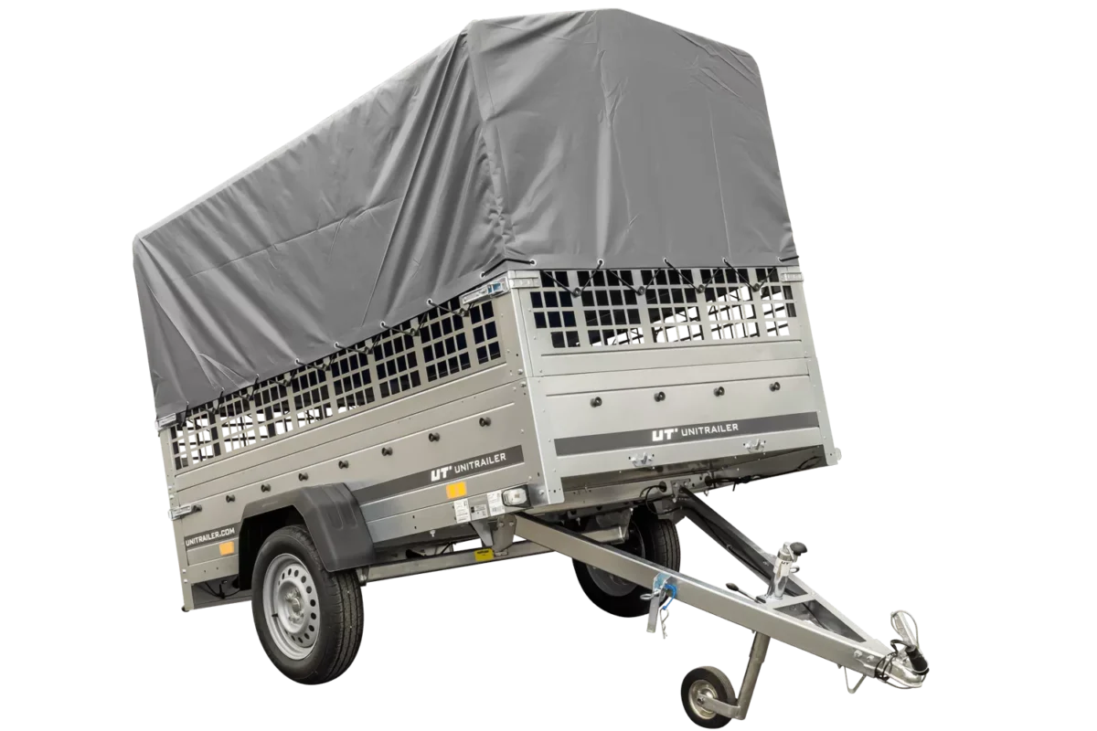 Grande remorque 230×125 avec bâche haute grise, ridelles grillagées et roue jockey – Garden Trailer 230 KIPP