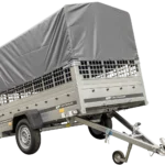 Grande remorque 230×125 avec bâche haute grise, ridelles grillagées et roue jockey – Garden Trailer 230 KIPP